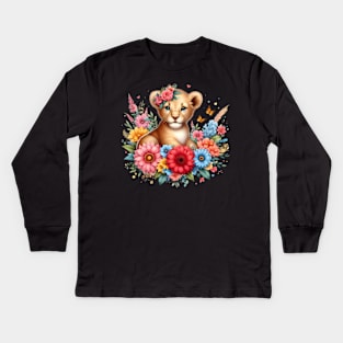 A baby lion decorated with beautiful colorful flowers. Kids Long Sleeve T-Shirt